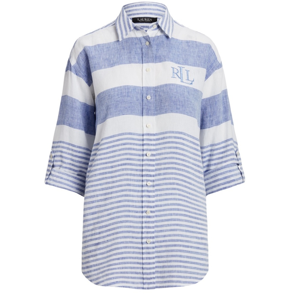 New Ralph Lauren Linen Button Down Striped oversized Shirt poplin - Picture 3 of 8